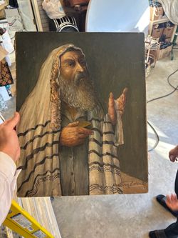 Signed Oil Painting of Rabbi in Prayer Shawl