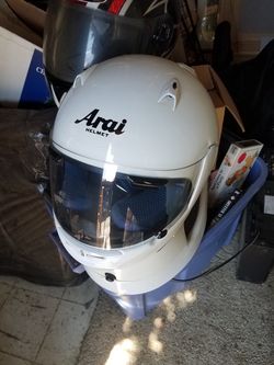 Used helmet and leather jacket.