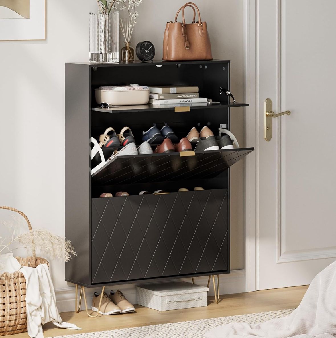 Shoe Storage Cabinet, Shoe Cabinet with 2 Flip Drawers Entryway Shoe Storage Freestanding ShoeOrganizerCabinet with Metal Leg, Narrow Shoe Rack Entryw