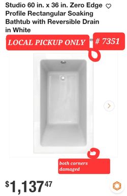 ➿️ Studio 60"x36" ZeroEdge Profile Rectangular Soaking Bathtub, Reversible Drain