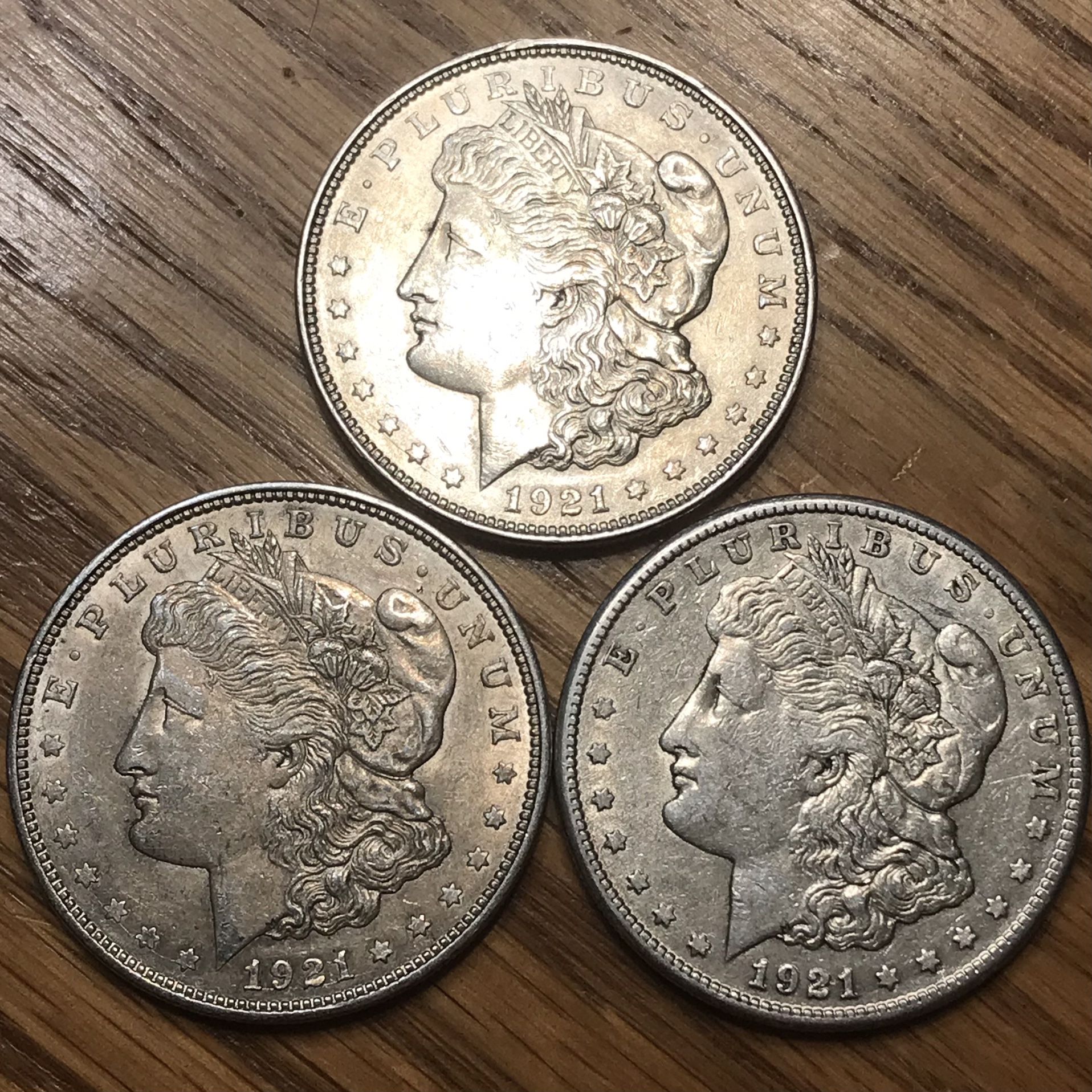THREE 1921 Morgan Silver Dollars. Mint Set! (P,D,S Mints)