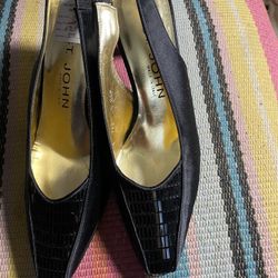 VTG St. John Black Satin Slingback Heels Square Toe Block Pump 6.5 B Ital