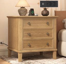 Solid Wood Nightstand Set of 2, Tall Leg Bedside Table with Charging Station, Farmhouse Night Stand with 3 Drawers, Teak