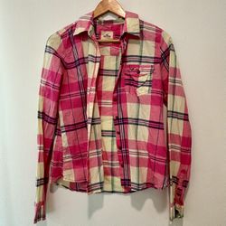 Hollister Pink and White Plaid Button Up