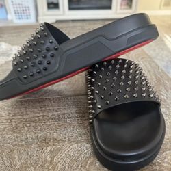 Red Bottoms Slides. Christian Louboutin Black and Red Studded Sandals
