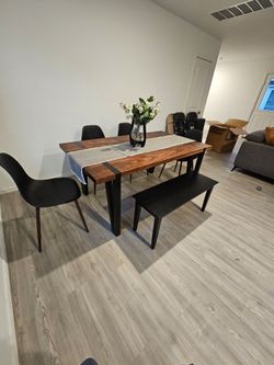 Custom made dining room table,  walnut table top, 4 chairs and  bench