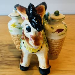 Vintage Ceramic Burro Donkey w/2 Side Barrels & Cork Stoppers. No Front Hooks.