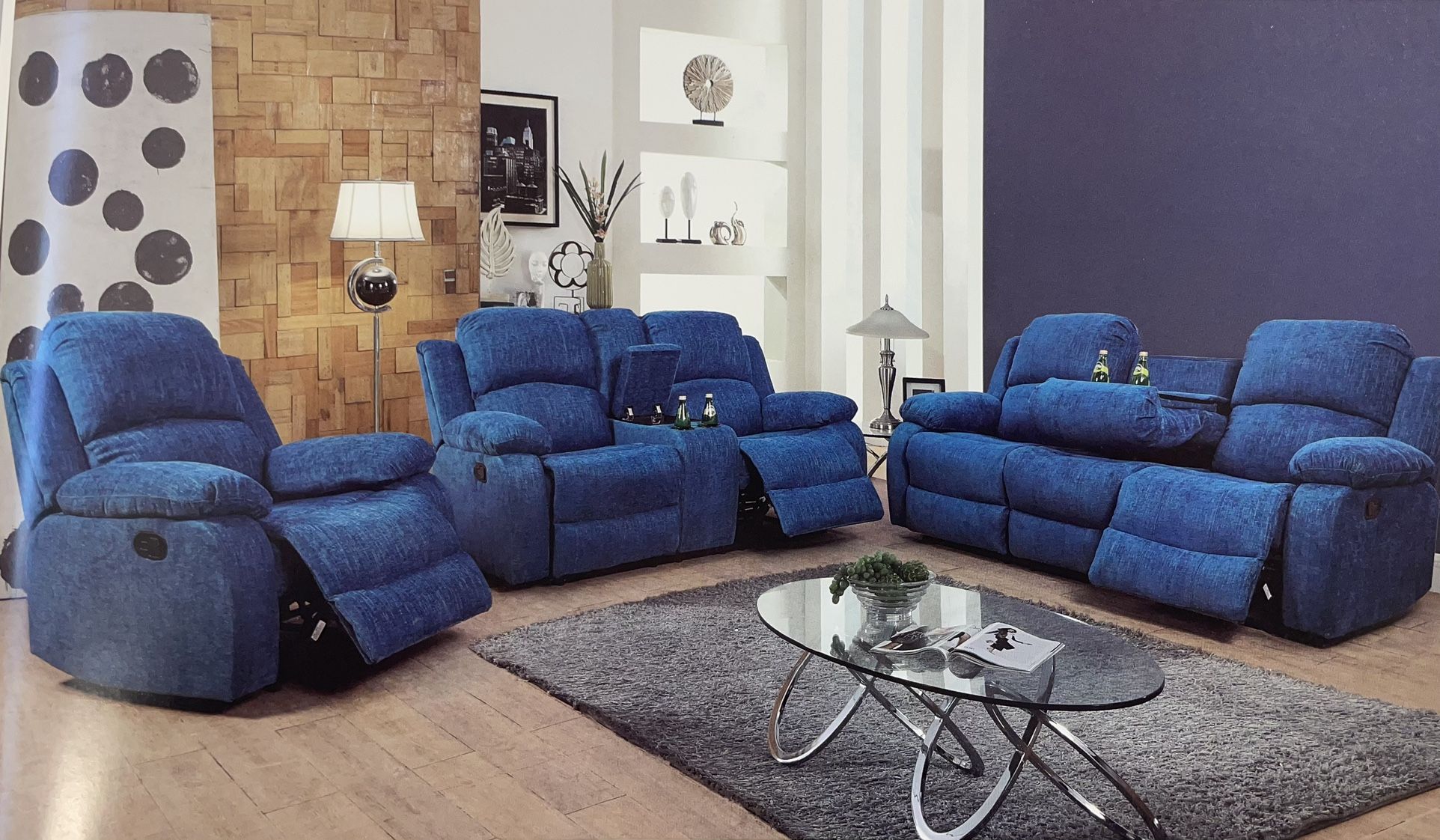 Blue Microfiber Fully Reclining Three Piece Couch Set