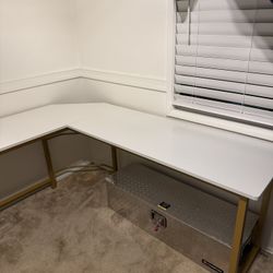 Modern White L-Shaped Corner Desk with Gold Metal Frame