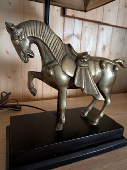 SOLID BRASS HORSE LAMP WITH ORIENTAL CARVED METAL SHADE ANTIQUE VINTAGE