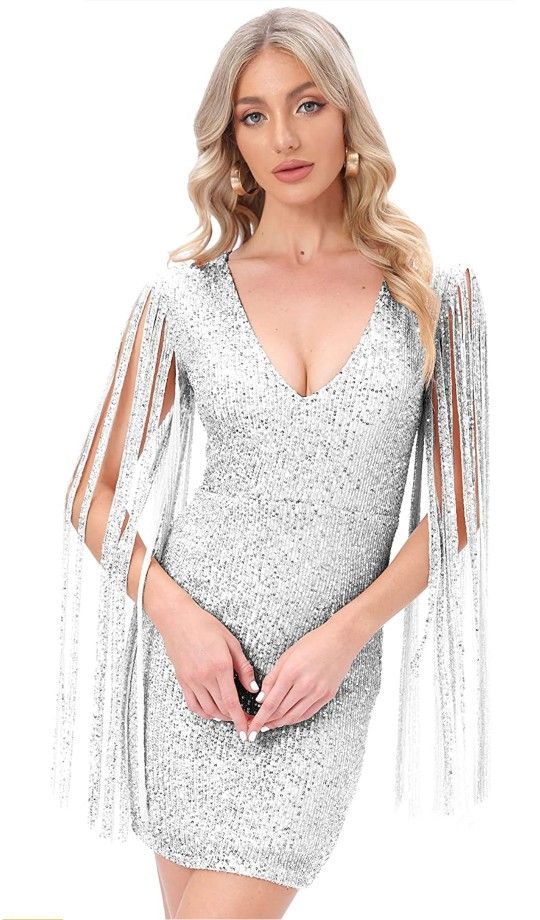 NEW Women's Sexy Deep-V Sequin Glitter Tassel Sleeve Party Mini
Dress Silver L