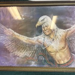 A Vintage Native American Indian Artwork In Solid Wood Frame 