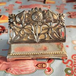Vintage Brass Art Nouveau Style Sunflower Double Stamp Holder Trinket Box Hinged