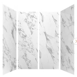 60 in. L x 36 in. W x 84 in H Glue-Up Alcove Solid Composite Stone 4-Piece Shower Wall Set in Carrara 