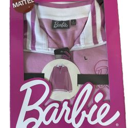 Barbie Mattel Fleece Zipper  Sweater Pink Striped With Logo  Size Lrg