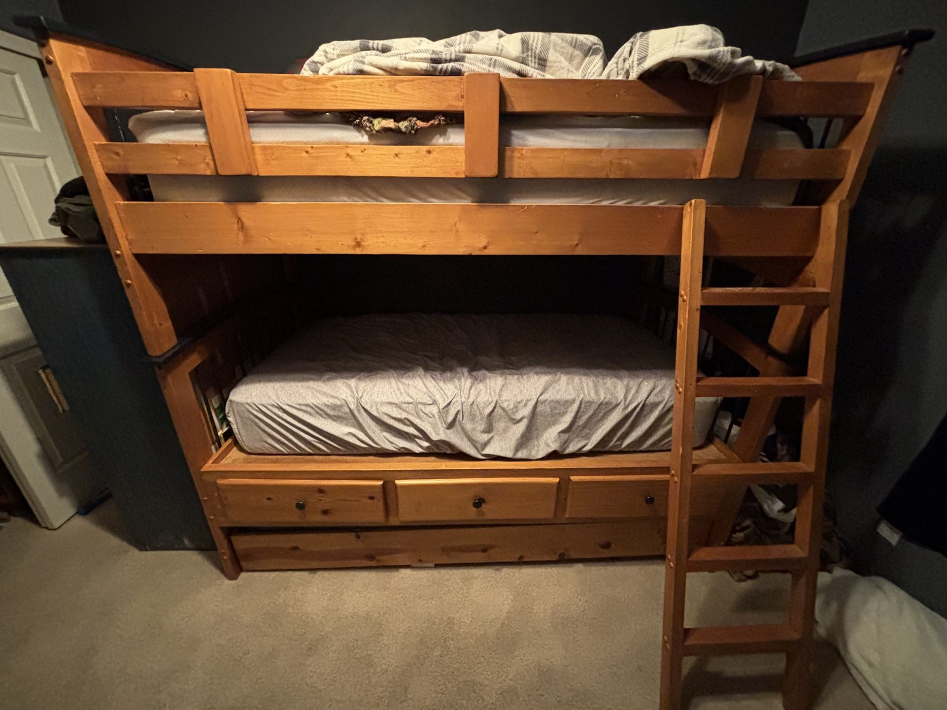 Wood Bunk Bed Twin Over Twin w/ Storage Drawers + Ladder With Trundle