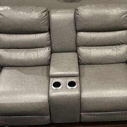 Grey Leather Electric Reclining Couch Loveseat