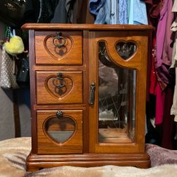 VINTAGE ELEGANT WOOD JEWELRY STAND UP BOX, 10" x 9" x 4 1/2", BROWN, MIRROR