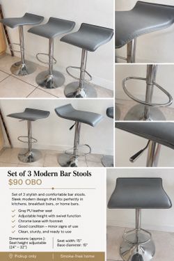 Set of 3 Modern Adjustable Bar Stools – Gray – $90 OBO