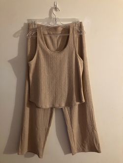 Beige Ribbed Tank Top and Wide-Leg Pants Set