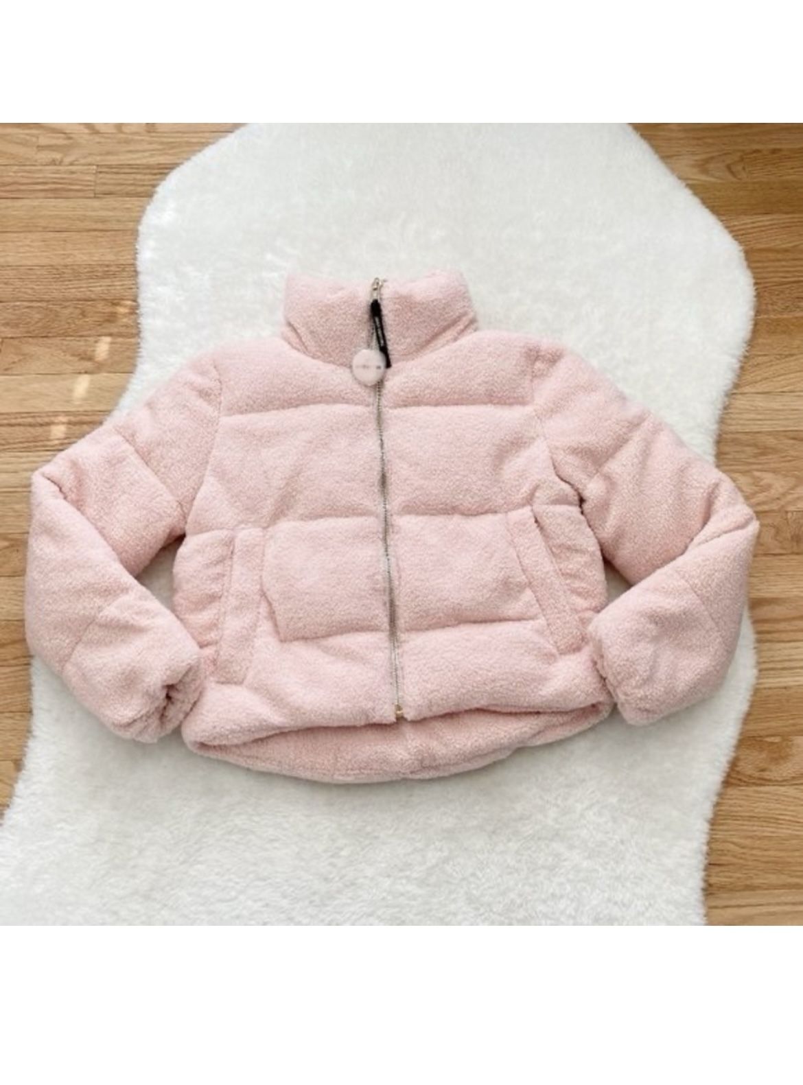 Juicy Couture Black Label Pink Puffer Jacket High Collar Quilted Design Sherpa