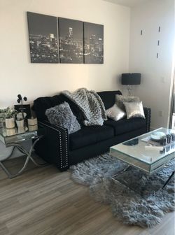 Black Sofa + Mirrored Coffee & Side Tables – $500