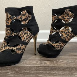 Thalia Sodi Zabila Cut-Out Peep-Toe Ankle Booties - Black Leopard, Platform Heels W Zipper Size 7.5