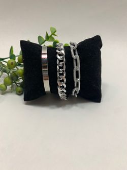 Punk Style 3pcs/Set Curb Cuban Multilayer Link chain bracelet, Silver Color