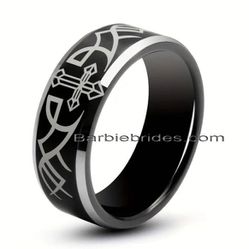Men's 8mm Tungsten Black Etched Cross Tribal Pattern Comfort-Fit Wedding Band