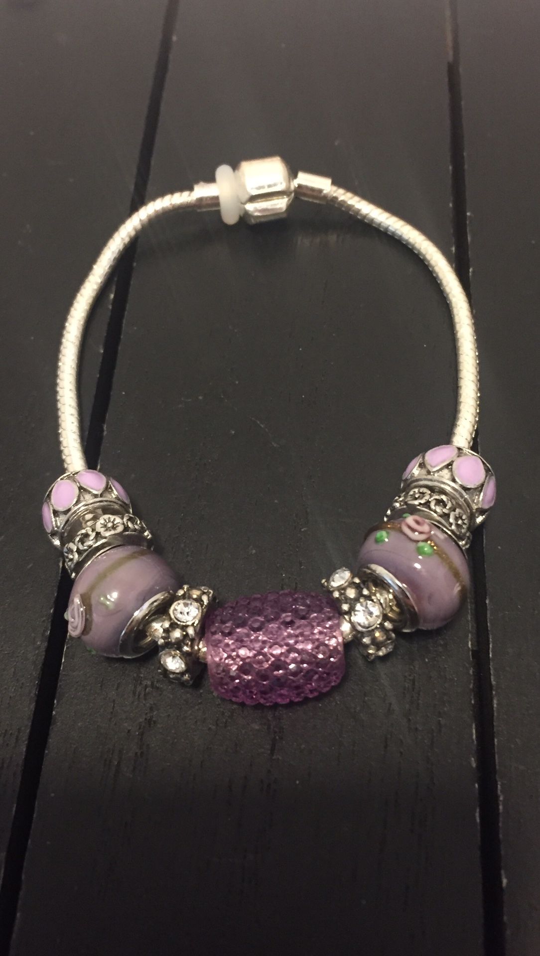 8” 925 Silver Plated Charm Bracelet with Various Purple Charm Beads