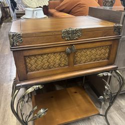 A Pair Vintage Tropical Regency Chest Style 1 Drawer Palm Leaf Iron Base Side End Night Tables- A Pair