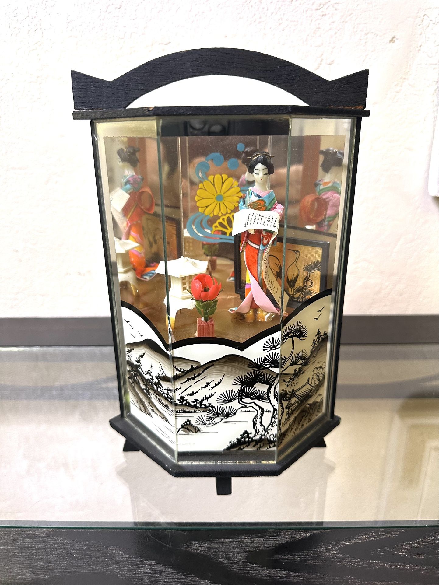 Vintage Miniature Japanese Geisha Doll in Wood Glass Display