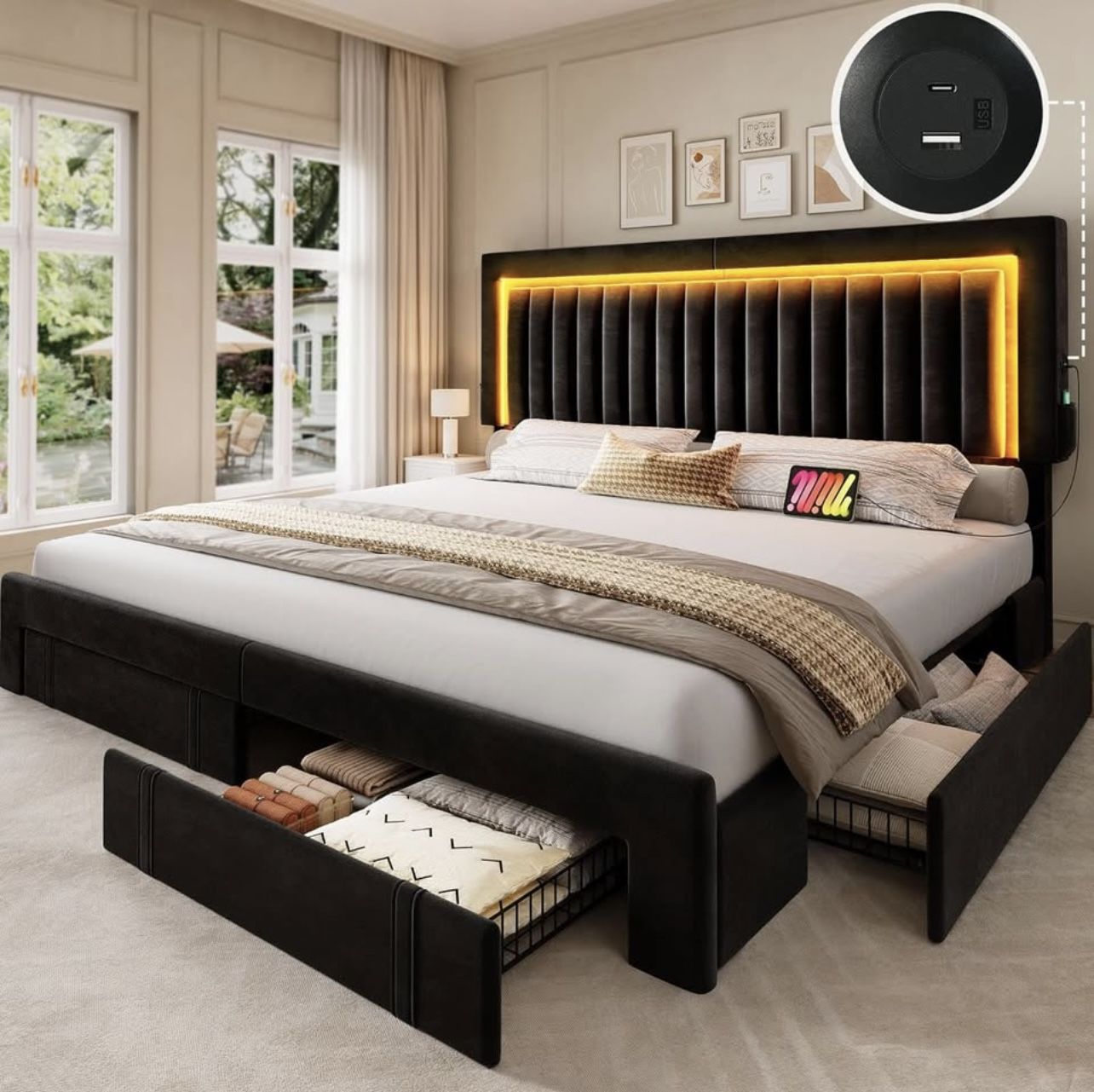 BED FRAME KING SIZE WITH STORAGE DRAWERS AND LED LIGHTING BRAND NEW IN BOX!!!