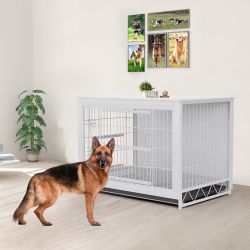 Assembled Dog Crate Furniture, 44.1" Wooden Side End Table, Modern Dog Kennel with Double Doors, Heavy-Duty Dog Cage w/Pull-Out Removable Tray, Indoor