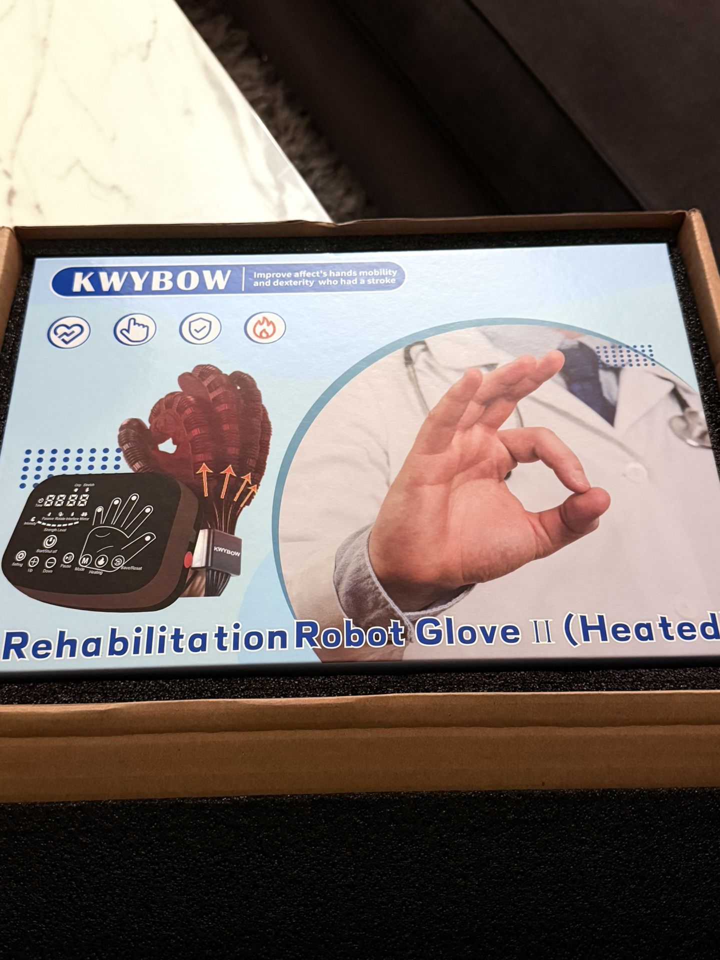 KWYBOW Rehabilitation Robot Glove II (Heated), a device used for hand recovery after stroke or injury.