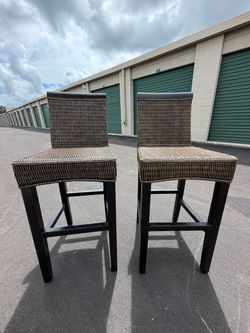Wicker Bar Stools with Dark Wood Legs – Set of 2