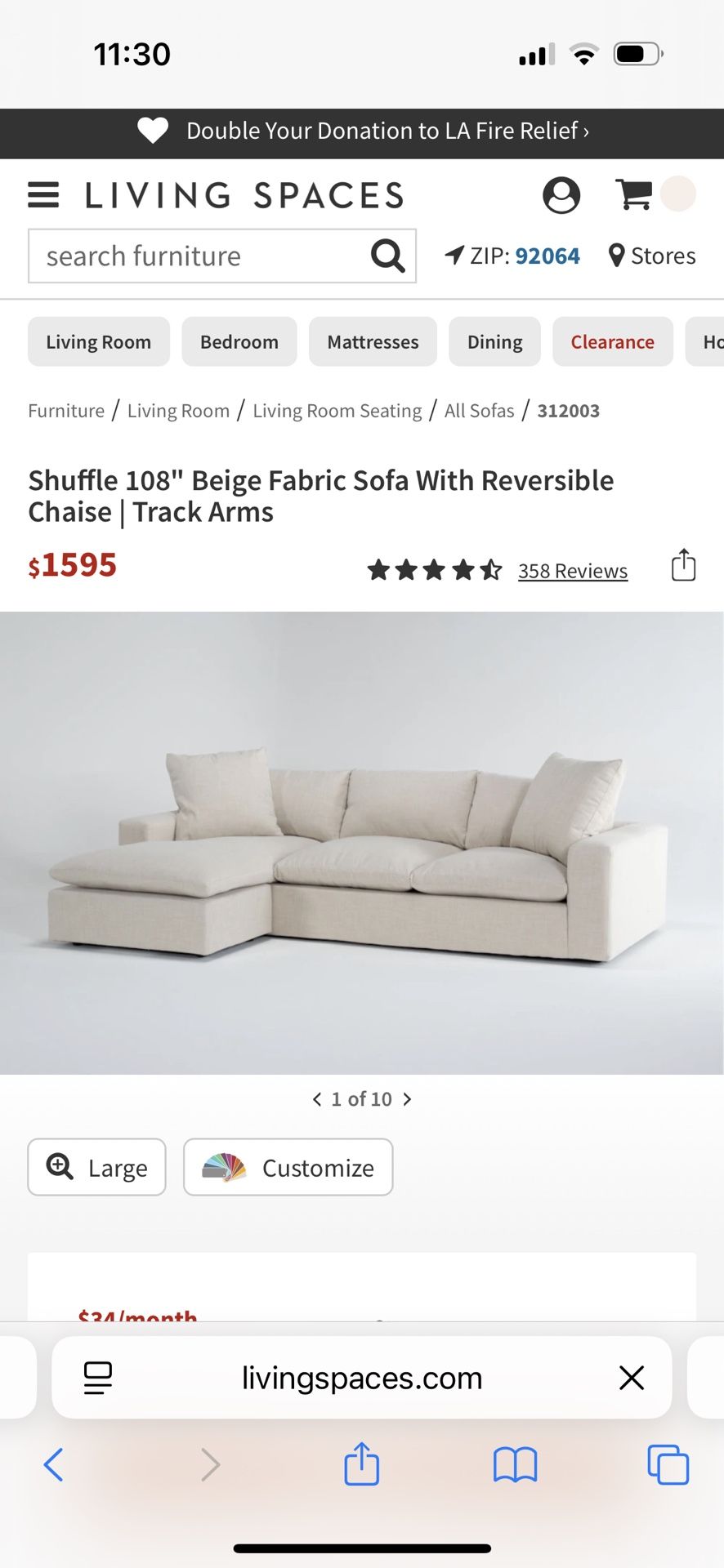 Living Spaces 108” Beige Sofa With Reversible Chaise