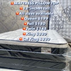 ⭐️Mattress⭐️ 🔹Pillow top All sizes available  🔸12” inches tall 🟡Queen  🟢Full  🔵Twin  🟣King  ⚪️Cal King  🛑Delivery available 🚛🧿