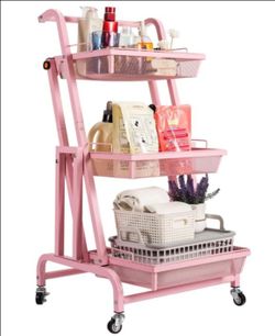 Pink 3-Tier Metal Rolling Storage Cart