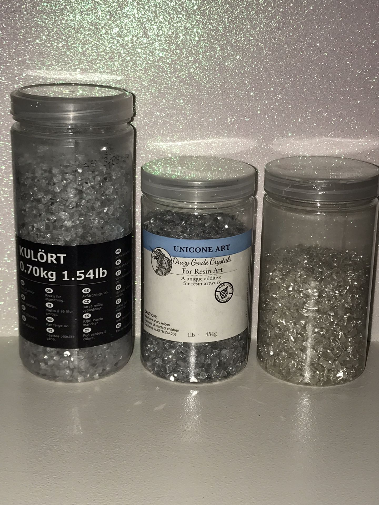 IKEA KULORT Crushed Glass White, UNICONE Druzy Geode Crushed Glass, & Silver Gravel