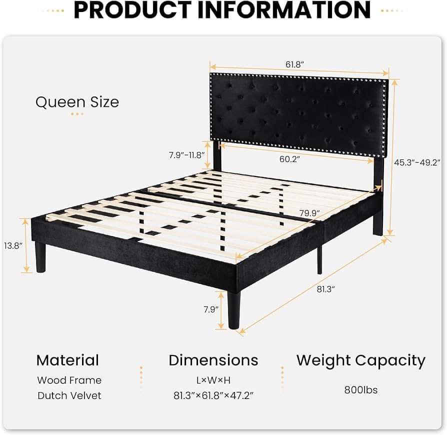 SHA CERLIN Queen Size Velvet Bed Frame with Adjustable Headboard, Diamond Button Tufted and Rivet Decor, No Box Spring Needed, Black open box(352-2)