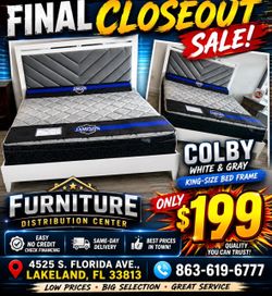 Last chance. Colby white and gray king size bed frame only $199. Easy finance. Same-day delivery.