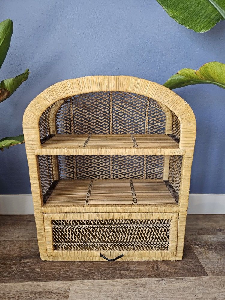 Vintage Rattan wicker Wood Cabinet with 3 shelves cabinet bathroom dresser book shelf decor boho mcm mid century