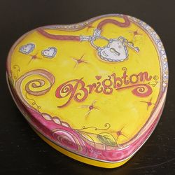 Retired Brighton Jewelry Empty Heart Shaped Multi Color Tin keepsake Yellow Pink