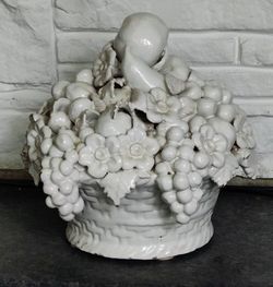 Antique White Glazed Earthenware Barbotine/Corbeilles Fruit Basket Centerpiece