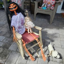 Halloween Decoration Scary Spooky Little Children's Old Rocking Chair With A Scary Skeleton Doll And Skeleton Dog