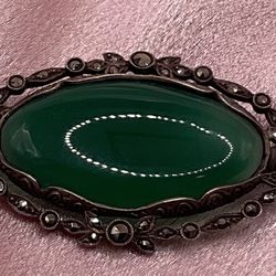 Vintage Sterling Silver Marcasite & Chrysoprase Brooch