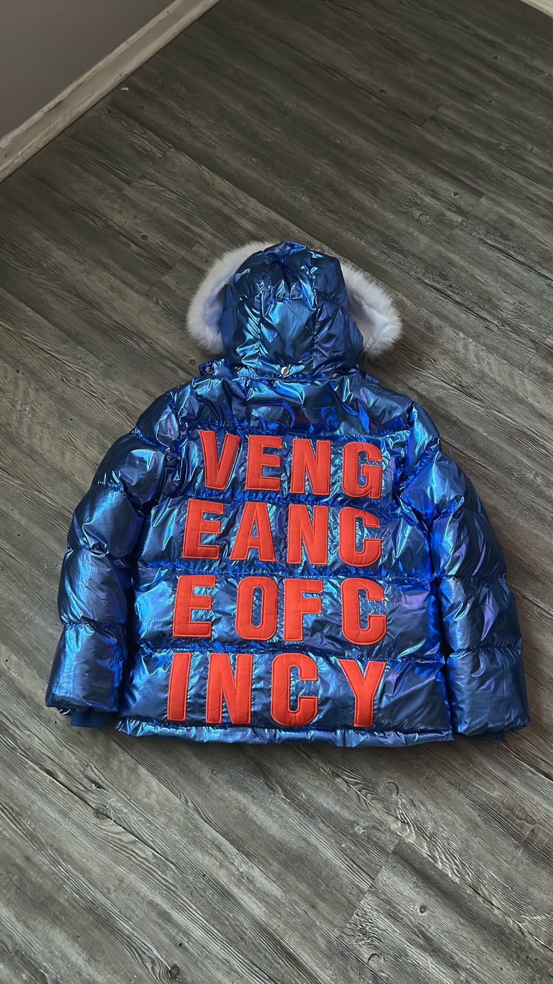Vengeance Of Cincy Puffer Jacket Metallic Blue And Orange