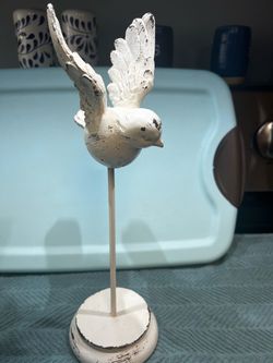 White Distressed Bird Figurine on Stand