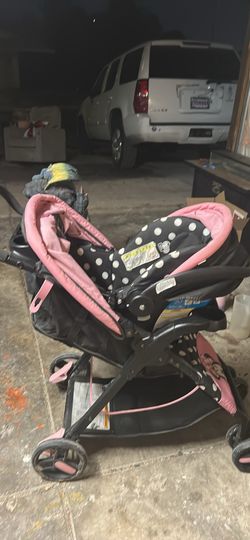 Pink Minnie, mouse, car seat, and stroller